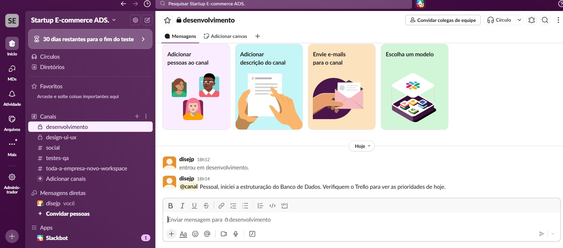 Legenda: Estrutura de canais e mensagem de início de sprint/banco de dados
